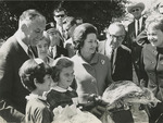 Fred Farr with Lady Bird Johnson, California Governor Edmund "Pat" Brown, and Monterey Mayor Minnie Coyle at the Welcome Ceremony for the First Lady, 1966